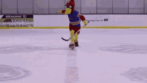 a mascot holding a hockey stick in front of a sign that says breakaway to fazolis
