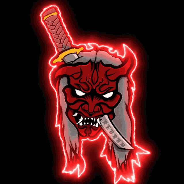 a drawing of a demon with a sword in its mouth and the word red on it