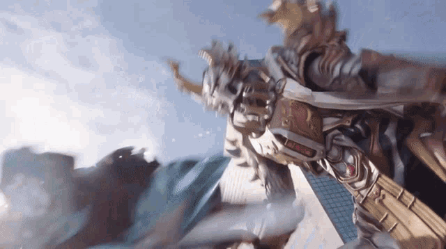a statue of a man with horns is flying through the air with a warning sign on his arm