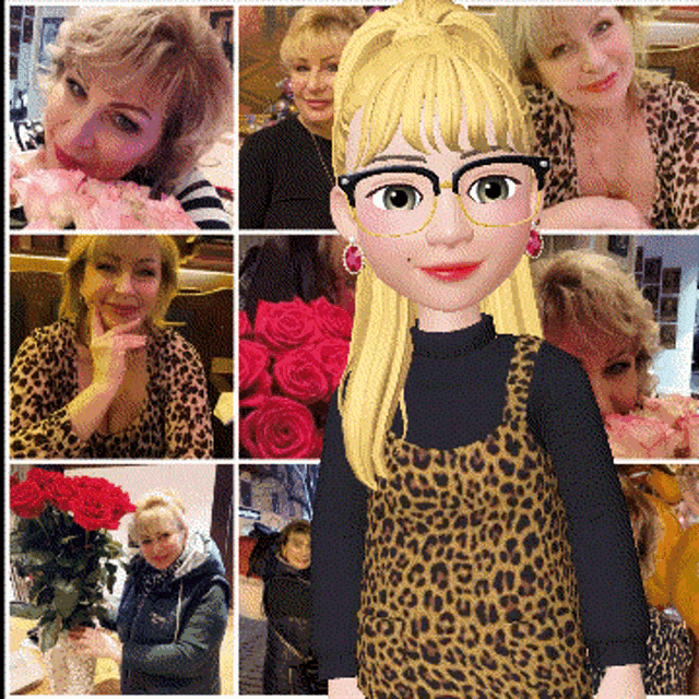 a collage of images of a woman with glasses and a leopard print dress