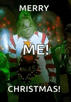 the grinch from the movie the grinch is standing in front of a christmas tree and says merry me ! christmas !