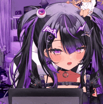 a girl with purple hair has a sticker on her head that says rock