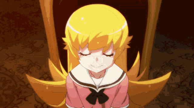a girl with blonde hair is wearing a pink uniform