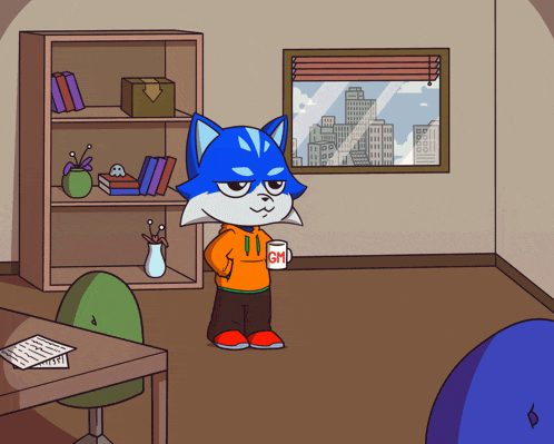 a cartoon of a cat holding a cup that says gm on it