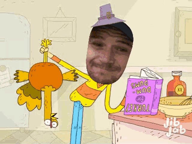 a man in a pilgrim hat is holding a book that says dum-dumps for turkey