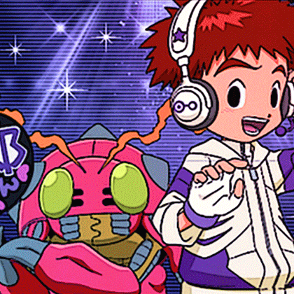 a cartoon of a boy wearing headphones standing next to a pink monster