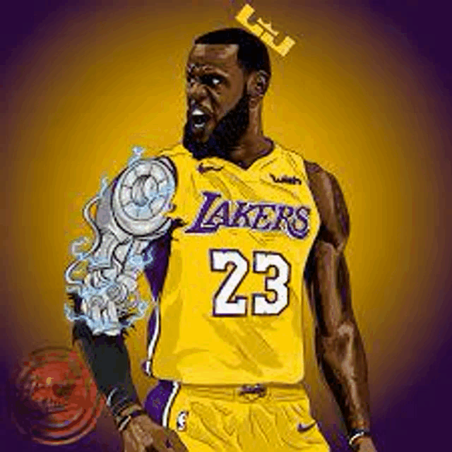 lebron james is holding a basketball in his hand and wearing a yellow and purple lakers jersey .