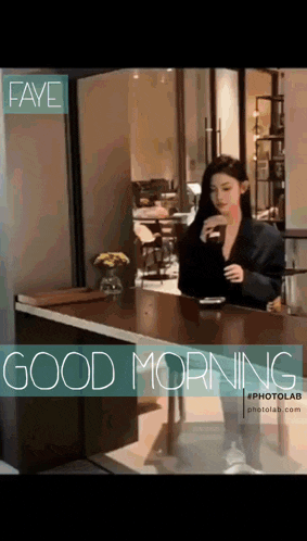 a woman is sitting at a table drinking a cup of coffee and the words good morning are above her