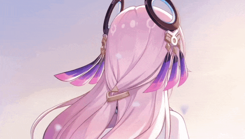 a girl with long pink hair and blue eyes is wearing headphones