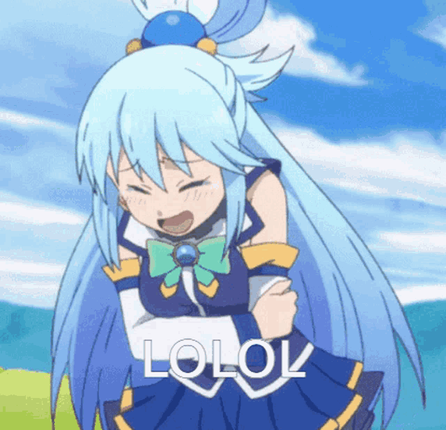 a picture of a girl with blue hair and the word lolok