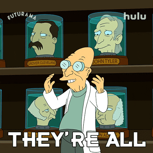 a cartoon character says they 're all in front of a shelf of heads