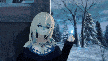 a girl with a tattoo on her chest stands in the snow
