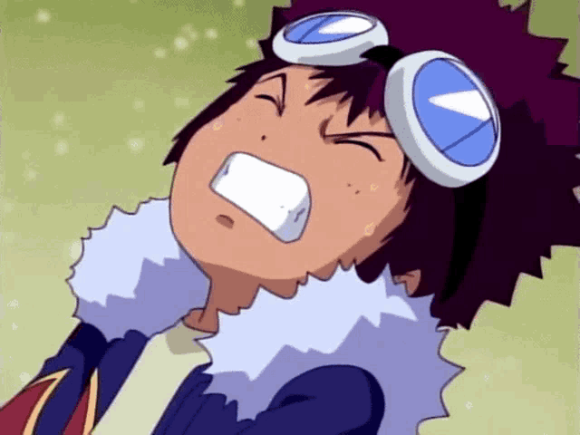 a cartoon character with purple hair and goggles on