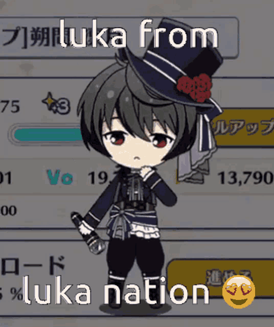 a cartoon character with a top hat and a microphone with the words luka from luka nation