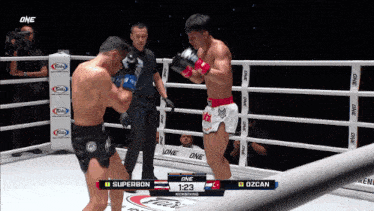 a boxing match between superbon and ozcan takes place in a ring