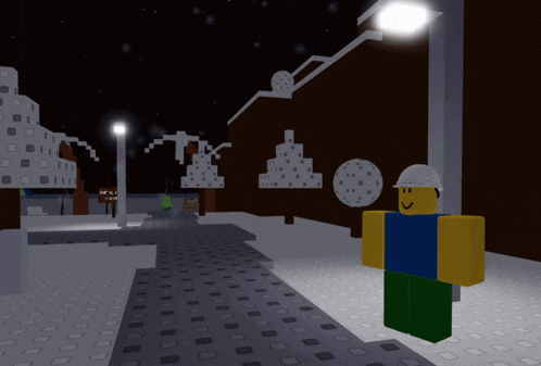 a roblox character wearing a hard hat is standing on a sidewalk at night
