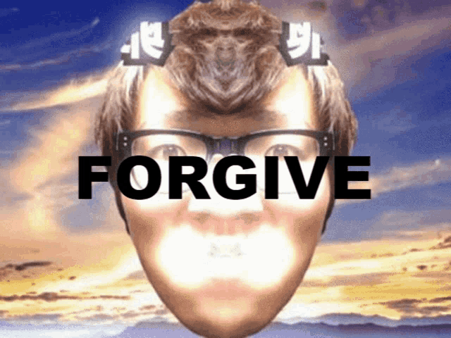 a man with glasses and the word forgive written on his face