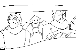 a black and white drawing of two men sitting in a car talking to each other .