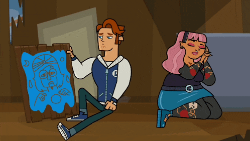 a cartoon drawing of a man and a woman with the letter c on their shirts