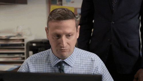a man in a plaid shirt and tie sits in front of a laptop