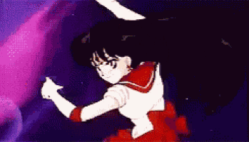 a girl in a red and white outfit is standing in front of a purple background with her arms outstretched .