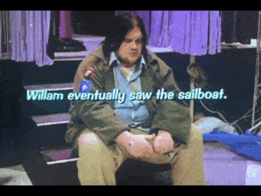 a man in a green jacket sits on a staircase with the words willam eventually saw the sailboat below him