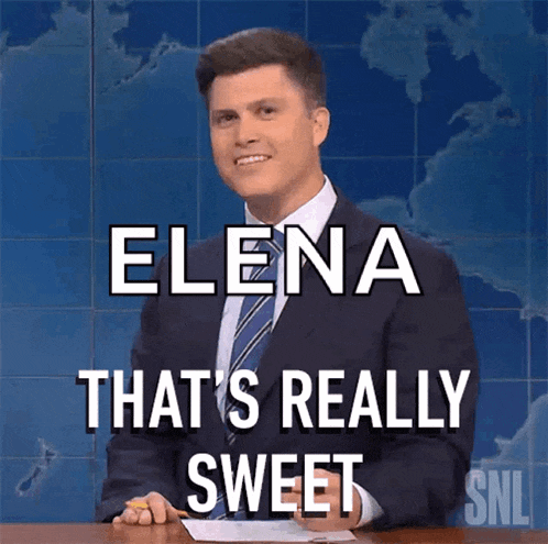 a man in a suit and tie is sitting at a desk with elena that 's really sweet written on it