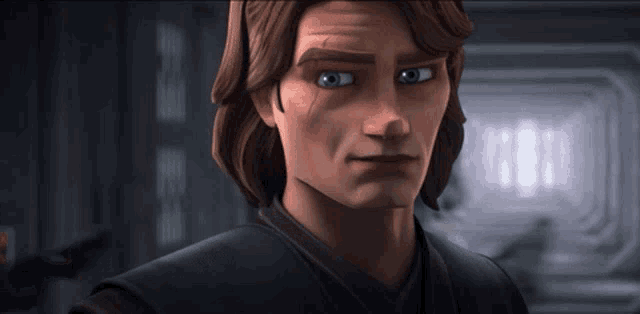 a close up of a cartoon character with blue eyes and brown hair