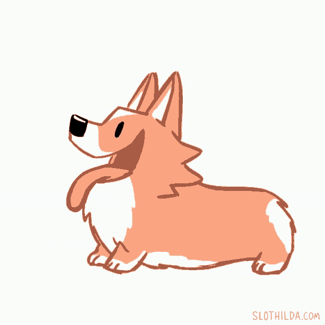a drawing of a corgi dog with its tongue hanging out and slothilda.com written below it