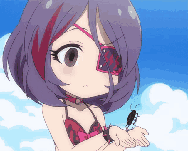 a girl with purple hair holds a cockroach on her wrist