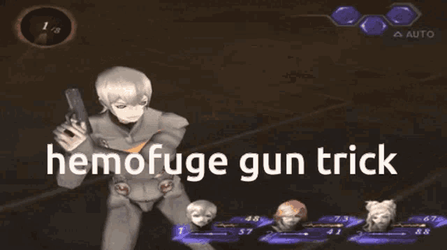 a video game screen shows a man holding a gun and the words " hemofuge gun trick "