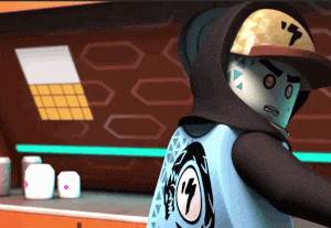 a cartoon character wearing a hoodie and a hat with the letter k on it