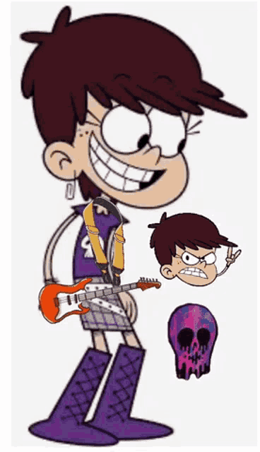 a cartoon character is holding a guitar and a skull .