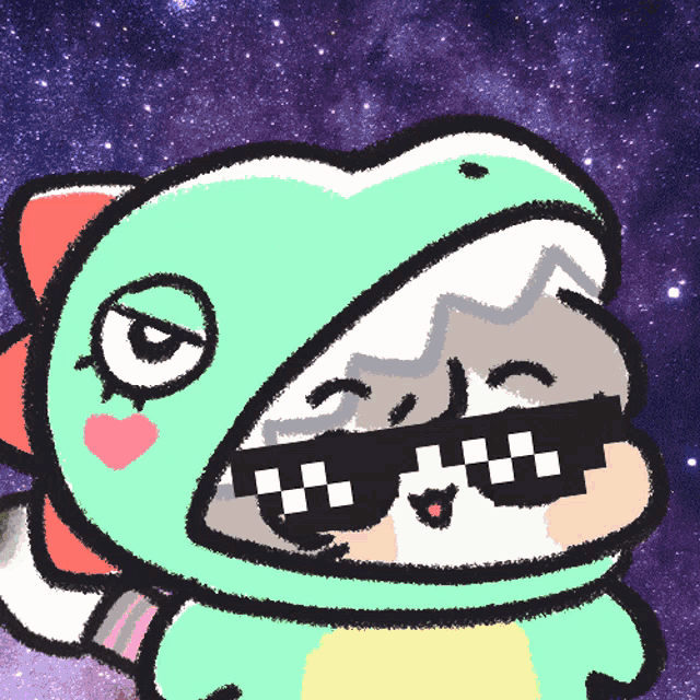 a cartoon drawing of a cat wearing sunglasses and a shark costume