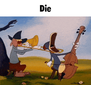 a cartoon of a man playing a trombone and another man playing a cello with the word die below them