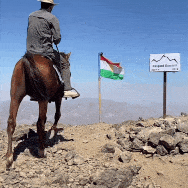 a man riding a horse on top of a rocky mountain with a sign that says malgard summit