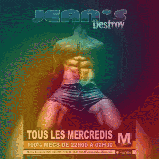 an advertisement for jean 's destroy shows a shirtless man in shorts
