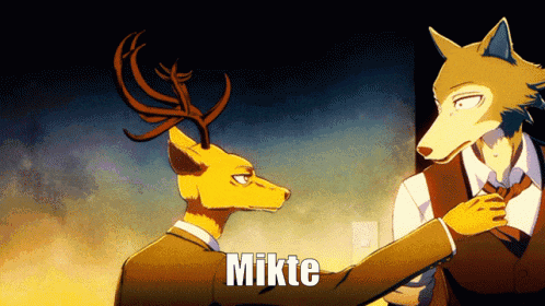 a deer and a wolf are standing next to each other with mikte written on the bottom right