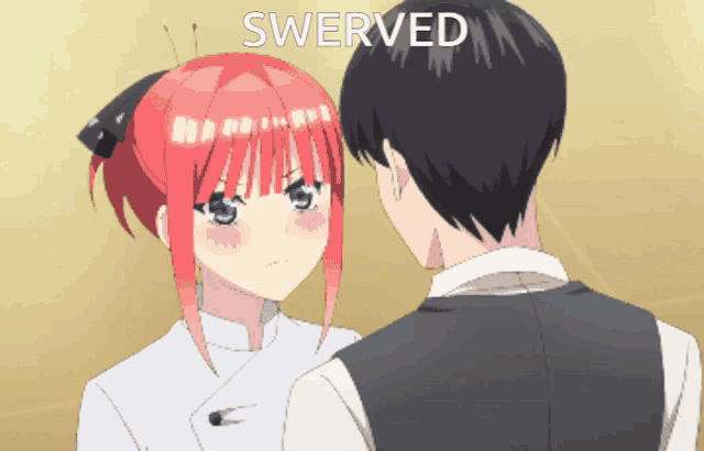a man and a woman are looking at each other and the word swerved is on the bottom right