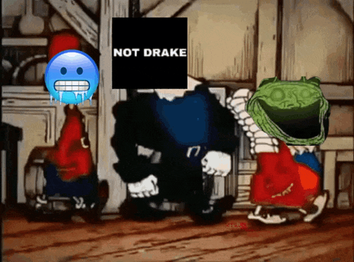 a cartoon character with a smiley face and a sign that says " not drake "