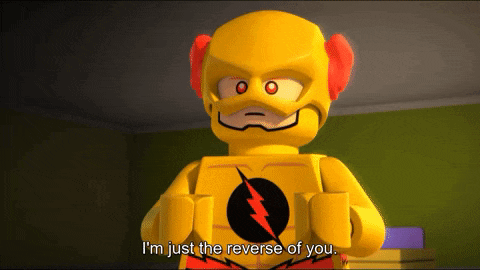 a yellow lego figure with a lightning bolt on his chest says i 'm just the reverse of you