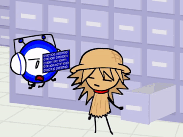 a cartoon drawing of a scarecrow and a clock with numbers on them