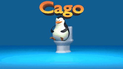 a penguin is sitting on a toilet with the word cago above him