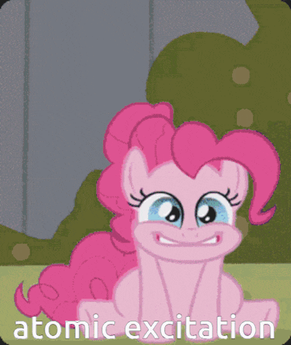 a pink pony is smiling with the words atomic excitation below it