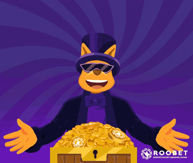 a cartoon of a cat with a top hat and sunglasses is surrounded by gold coins
