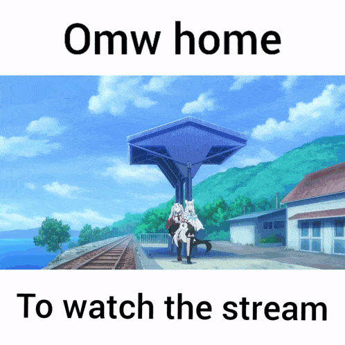 a picture of a train station with the words omw home to watch the stream on the bottom