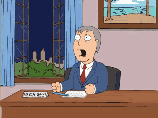 a cartoon of a man sitting at a desk with a sign on it that says mayor west