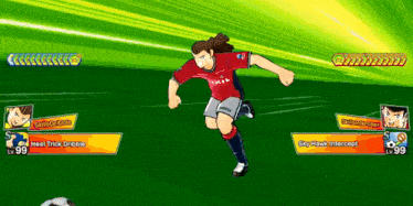 a soccer player in a red jersey is kicking the ball