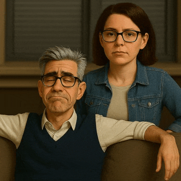 a man and a woman are posing for a picture and the man is wearing glasses