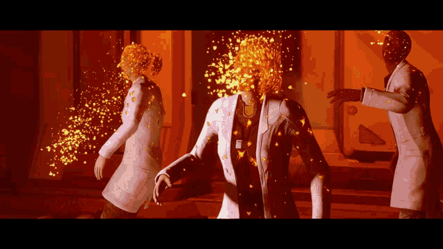 a group of people in white coats are standing in a room